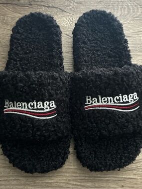 Balenciaga Black Sherpa Logo Slippers with Red & White Accent